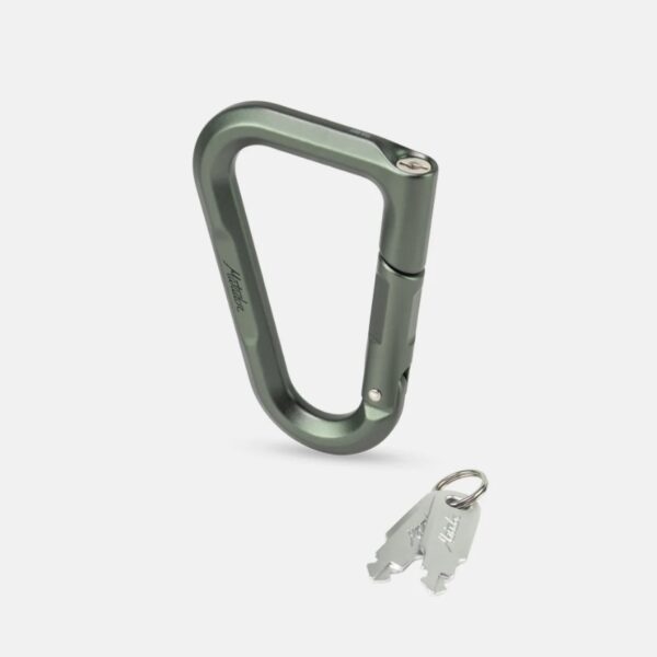 The Matador BetaLock is a lockable aircraft-grade aluminum carabiner; shown here in shadow green with keys.