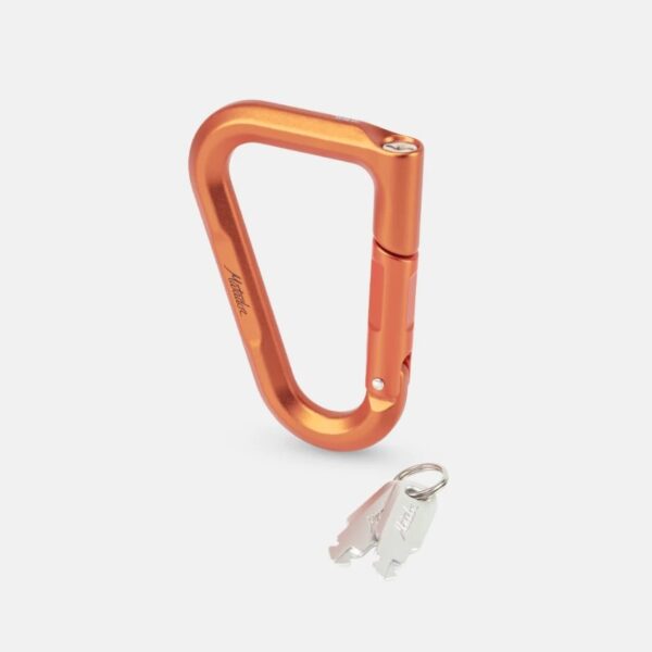 The Matador BetaLock is a lockable aircraft-grade aluminum carabiner; shown here in orange with keys.