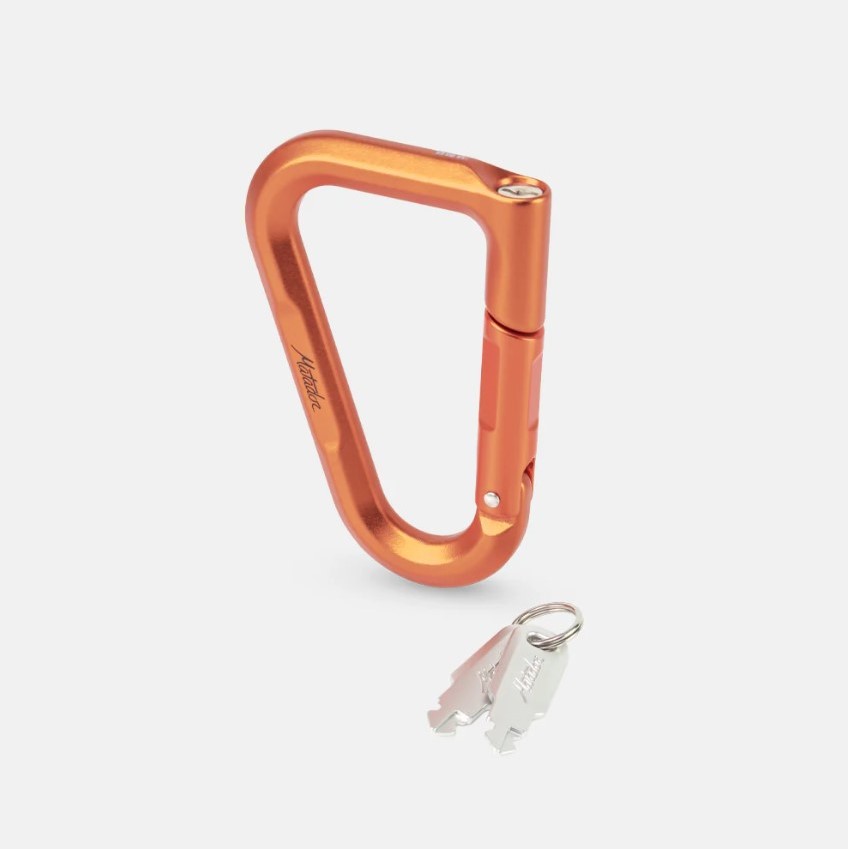 MATADOR-BETALOCK-ORANGE-1 The Matador BetaLock is a lockable aircraft-grade aluminum carabiner; shown here in orange with keys.