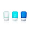 Set of 3 silicone squeeze bottles with lockable caps in 3 shades of ocean blue colors. 1.7 oz size shown here.