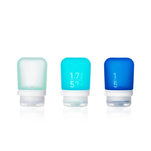 Set of 3 silicone squeeze bottles with lockable caps in 3 shades of ocean blue colors. 1.7 oz size shown here.