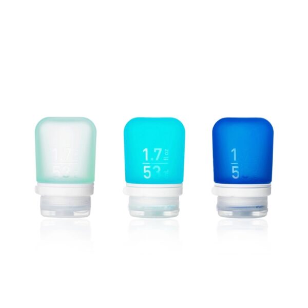 Set of 3 silicone squeeze bottles with lockable caps in 3 shades of ocean blue colors. 1.7 oz size shown here.