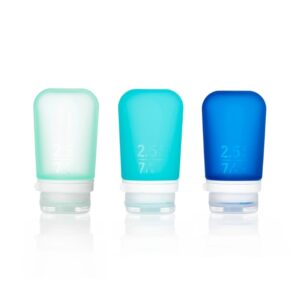 Set of 3 silicone squeeze bottles with lockable caps in 3 shades of ocean blue colors. 2.5 oz size shown here.