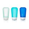 Set of 3 silicone squeeze bottles with lockable caps in 3 shades of ocean blue colors. 3.4 oz size shown here.