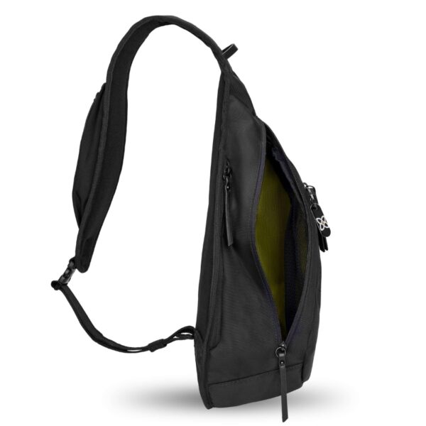 Here's the Esprit AT Shoulder Sling Bag shown from a side view in Carbon. It looks like the color black and you can see an open pocket.