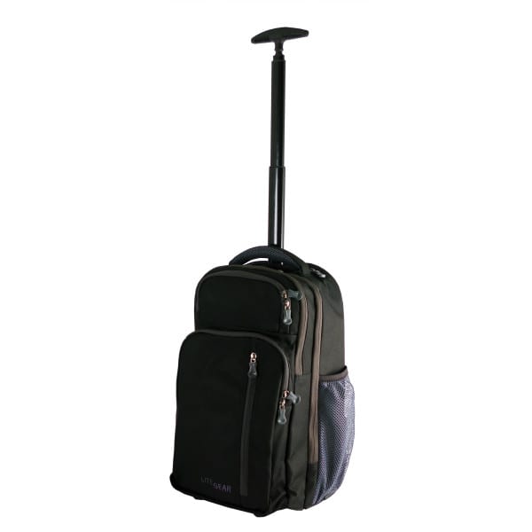 The Rolling Mobile Pro Backpack, shown here in black, is a bag that converts to a rolling carry-on with sturdy inline skate wheels and is made from recycled materials.