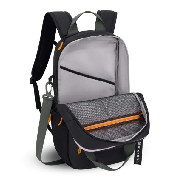 This shows the Camden Convertible Backpack with the main pouch unzipped and the front hanging open. Inside, you can see an interior mesh zippered pocket as well as the place that could securely hold your laptop on the back part of the inside. This bag is made from recycled materials.