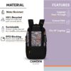 This image shows the Camden Convertible Backpack with text pointing out the features of the bag. It says the bag is water resistant, made from reclaimed post-consumer plastic, sustainable because it uses 28 plastic bottles that were diverted from landfills and waterways, and it has RFID blocking protection to keep your passport and credit card information safe. This image also points out the luggage pass through on the bag, the convertible straps that allow you to wear this bag as a backpack, a crossbody, or carry it as a tote. It also mentions that it can fit a 15 inch laptop.