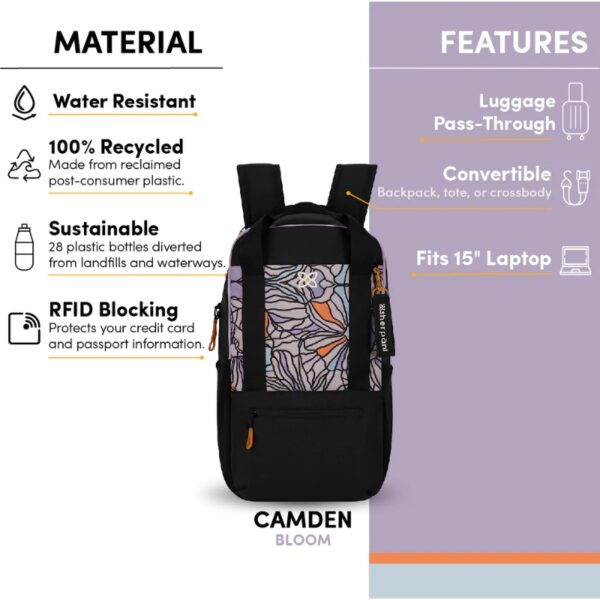 This image shows the Camden Convertible Backpack with text pointing out the features of the bag. It says the bag is water resistant, made from reclaimed post-consumer plastic, sustainable because it uses 28 plastic bottles that were diverted from landfills and waterways, and it has RFID blocking protection to keep your passport and credit card information safe. This image also points out the luggage pass through on the bag, the convertible straps that allow you to wear this bag as a backpack, a crossbody, or carry it as a tote. It also mentions that it can fit a 15 inch laptop.