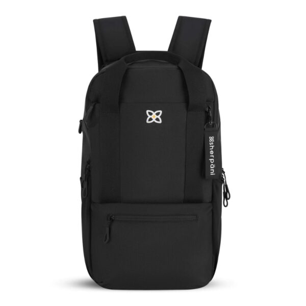 This shows the Camden Convertible Backpack from a straight on position - showing the narrow and sleek body of this backpack. This is shown in the raven color, which is black. There's also a white logo on the front center. The dimensions of this bag are 10 inches by 18 inches by 6 inches. It's made from recycled material.