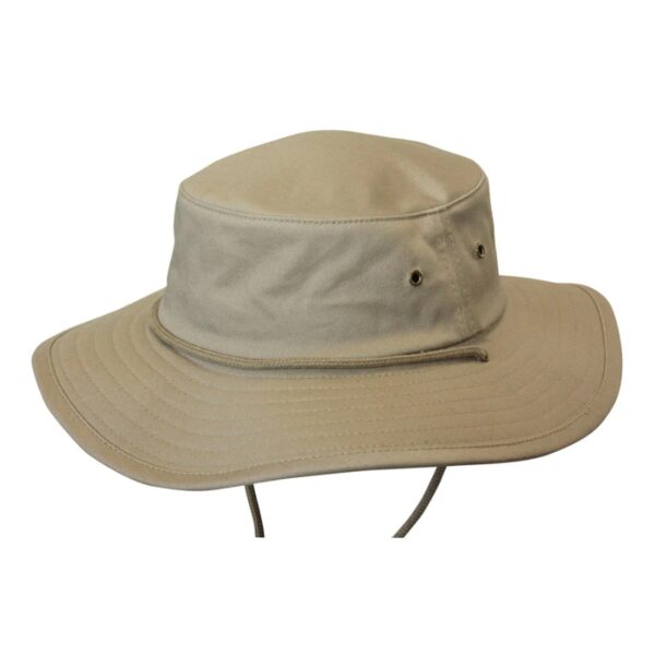 This is the Aussie Surf Organic Cotton hat. It comes in one color, khaki. It's offered in 5 sizes: small, medium, large, x-large, xx-large. The wide brim offers great sun protection. The hat can get wet and dry naturally. It packs flat for travel.