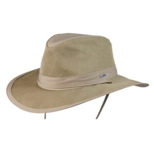 This shows the Sunblocker Lightweight Recycled Outdoor Hat. It comes in just one color, sand. It's offered in 5 sizes: small, medium, large, X-Large, XX-Large. It offers 50+ UPF protection and is waterproof.