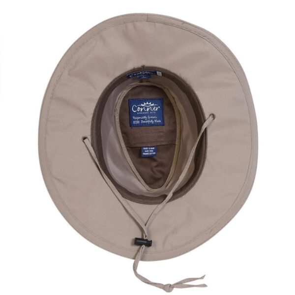 This shows the inside part of the Sunblocker Lightweight Recycled Outdoor Hat. It comes in just one color, sand. It's offered in 5 sizes: small, medium, large, X-Large, XX-Large. It offers 50+ UPF protection and is waterproof.