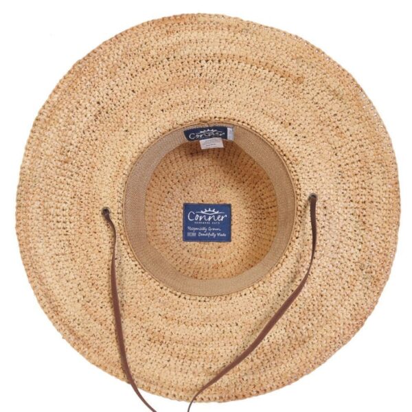This shows the inside of the natural-colored Tuscany Wide Brim Straw hat. You can see the inner Terry Stretch Band to help with that perfect fit. The wide brim of this hat offers maximum sun protection. The leather chin cord helps keep it in place, even on a windy day. Only offered in one size and color.